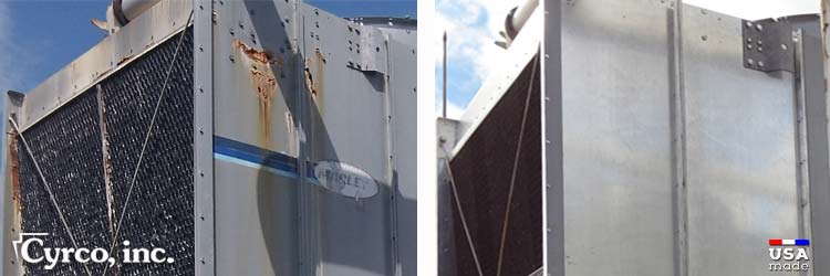 Before Marley rusted hole riddled cooling tower, after stainless steel replacement aftermarket cased side wall panels