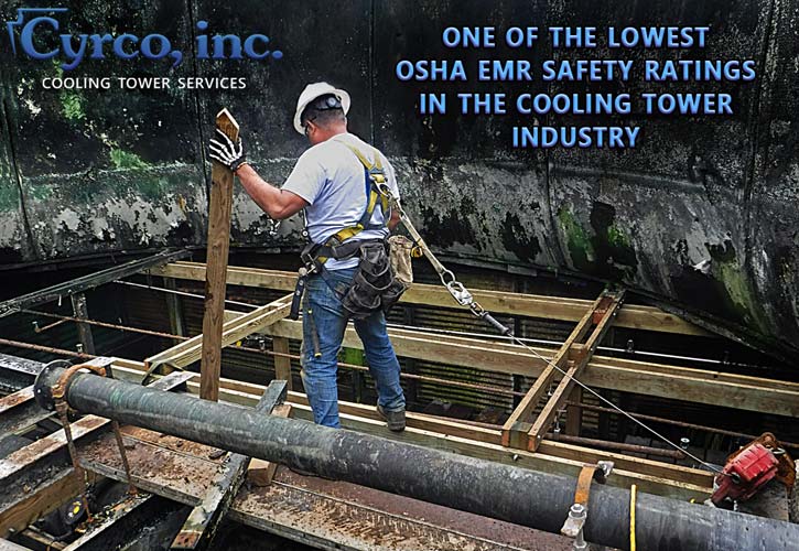 Cyrco worker inside a cooling tower fan shaft tied off - osha emr safety lowest rating