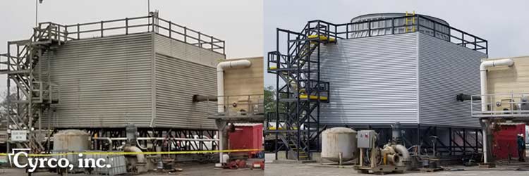 Rebuild reconstruction of an old field erected fep cooling tower at a chemical manufacturing plant